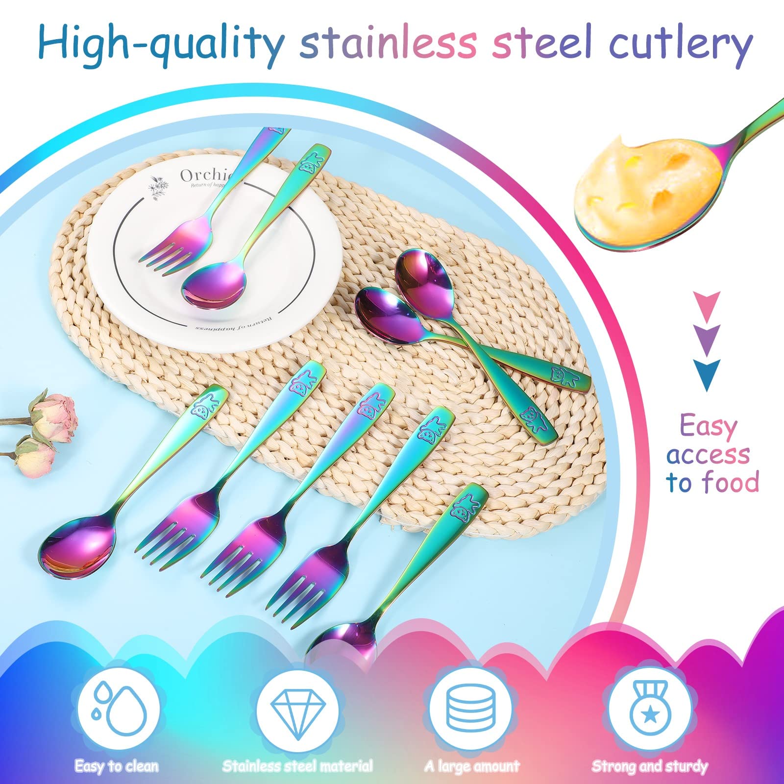 Pimoys 12 Pieces Toddler Utensils Kids Rainbow Silverware Set, Stainless Steel Childrens Safe Forks and Spoons, Metal Kids Cutle